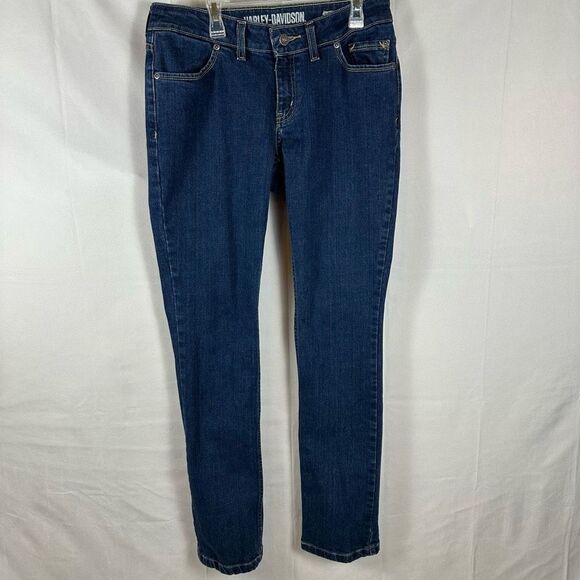 Harley-Davidson Women’s Jeans Straight Leg Mid-Rise Stretch Denim Dark Indigo 27 - Picture 1 of 10
